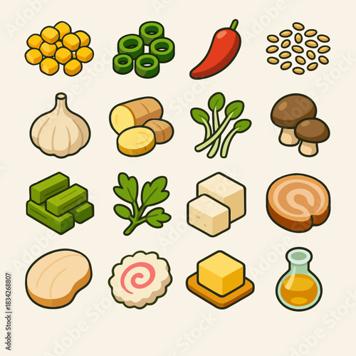 Colorful assortment of illustrated ingredients featuring vegetables and spices