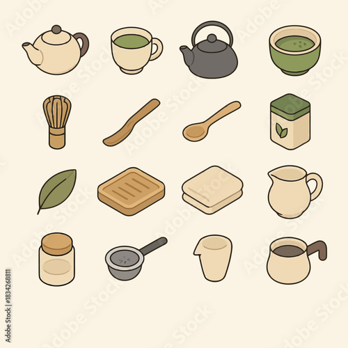 Tea ceremony icons: teapots, utensils, cups, green tea elements on cream background