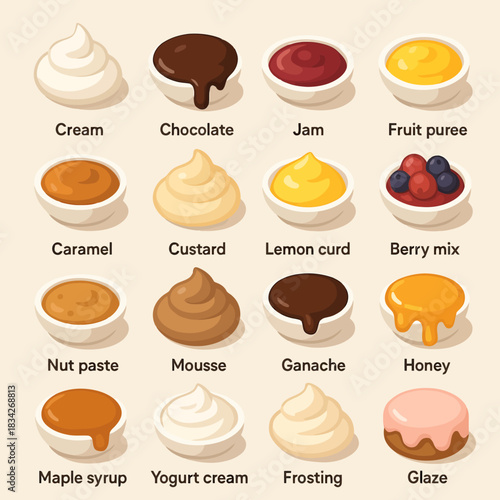 Assorted sweet toppings: cream, jam, chocolate, fruit puree, and more