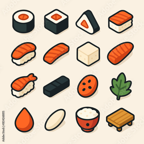 Assorted sushi icons: rolls, nigiri, rice, and chopsticks in cute icon style