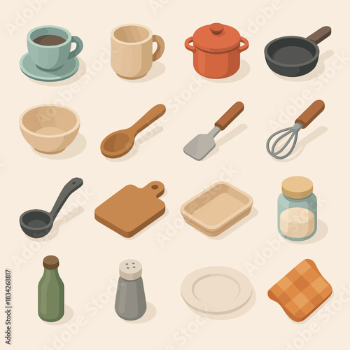 Collection of various kitchen utensils and tableware on beige background