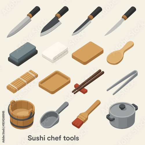 Essential sushi chef tools collection: knives, boards, chopsticks, and more