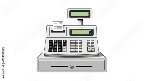 Illustration of a lightgray electronic cash register with a receipt printing