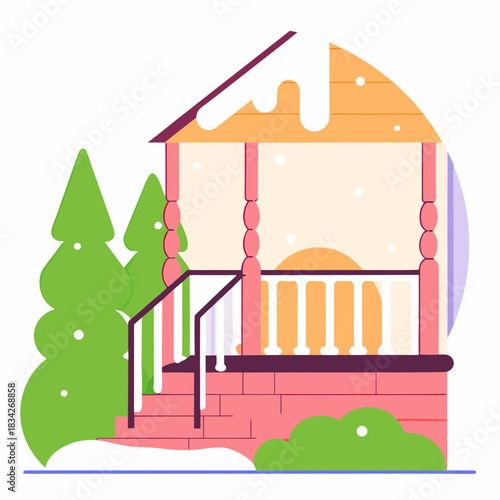 Winter Gazebo Scene with Snow and Evergreen Trees Illustration.