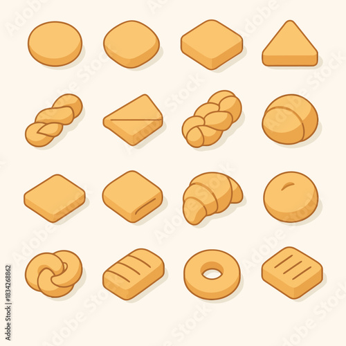 Various types of bread illustrations in different shapes arranged on a light background