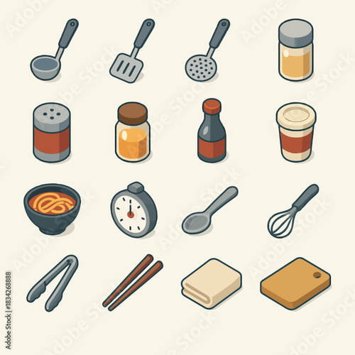 Isometric kitchen utensils and ingredients: ladle, spatula, jars, cup, noodles, timer, spoon, whisk, tongs, chopsticks, towel, cutting board