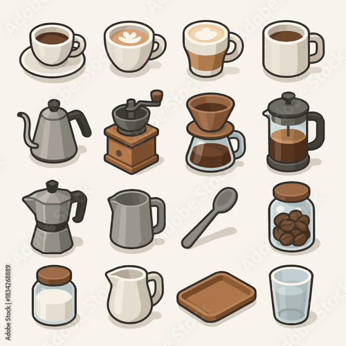 Collection of coffee cups and brewing tools in minimalist design