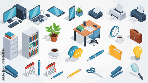 Isometric vector icons of office equipment technology and supplies on a white background