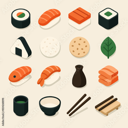 Isometric sushi icons: nigiri, onigiri, maki, and green leaf with chopsticks