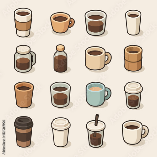 Variety of coffee cups and mugs in different styles and sizes