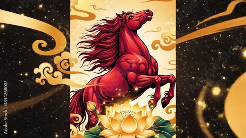 Majestic Red Horse Rearing Above Lotus Flower with Golden Clouds.