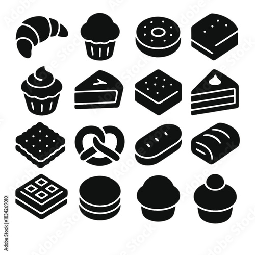 Assorted bakery icons: croissant, muffin, donut, cake, pretzel, biscuit, waffle, slice