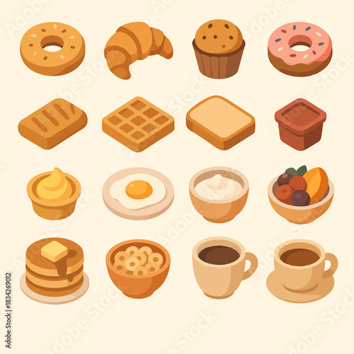Assorted breakfast items: bagel, croissant, muffin, donut, biscuits, waffle, toast, coffee