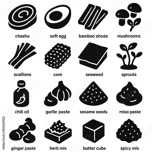 Ramen ingredients icons: chashu, egg, bamboo, mushrooms, scallions, corn, seaweed, sprouts