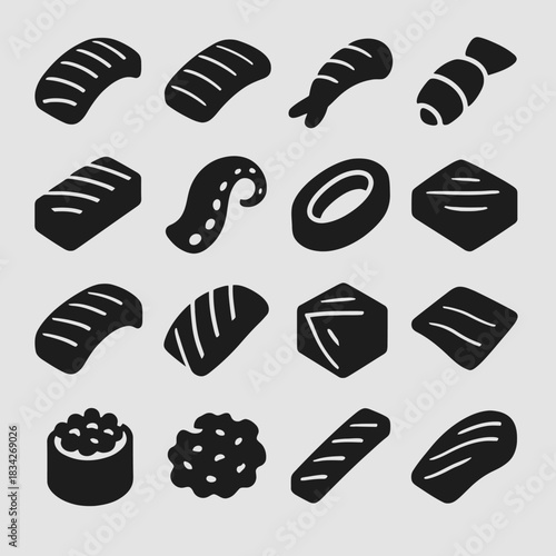 Black silhouette icons of various sushi pieces on gray background