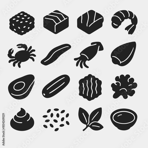 Sushi ingredients icons: fish, seaweed, seafood, and garnishes silhouettes