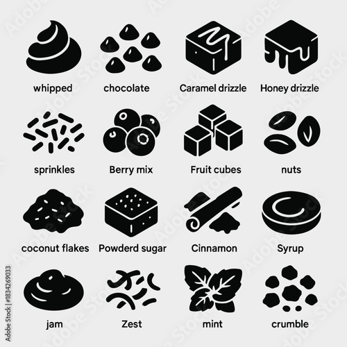 Assorted dessert toppings: whipped, chocolate, caramel, honey, sprinkles, berry mix, fruit cubes