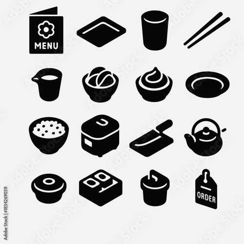 Silhouette icons of asian cuisine: menu, dishes, and utensils in black and white