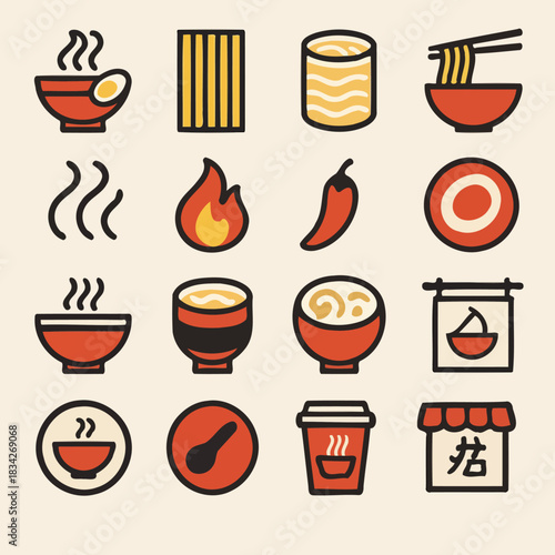 Colorful noodle and soup icons featuring bowls, flames, and ingredients