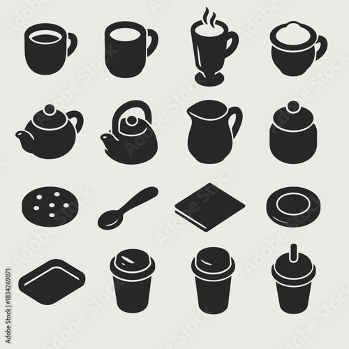 Coffee and tea silhouette icons featuring cups, teapots, and accessories