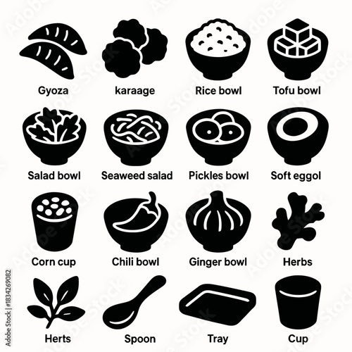 Assorted black silhouette icons of japanese food items