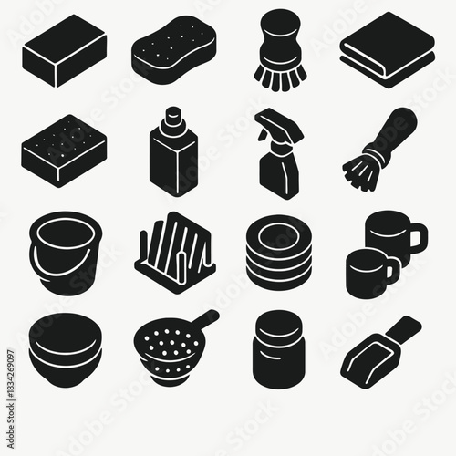 Set of household cleaning icons: sponge, brush, soap, bucket, mop, spray bottle, plates, mugs
