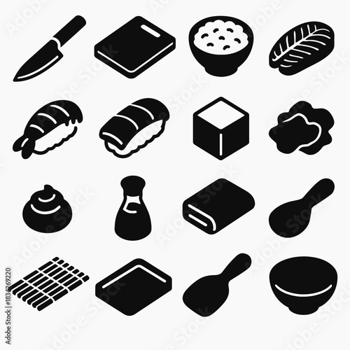 Sushi preparation icons: knife, rice bowl, sushi rolls, soy sauce, chopsticks