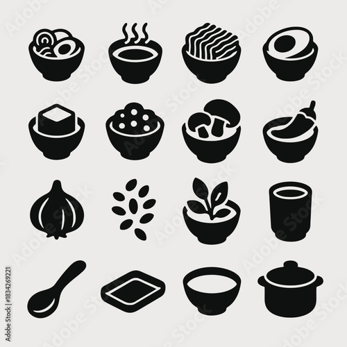 Set of 16 black food icons featuring bowls, dishes, and ingredients