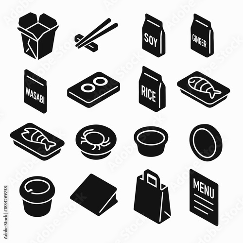 Set of black and white icons representing various asian food elements