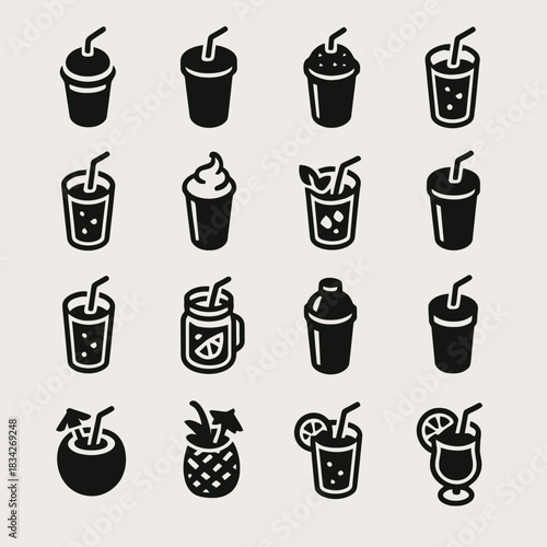 Set of 16 black beverage icons including juice, cocktail, and smoothie designs