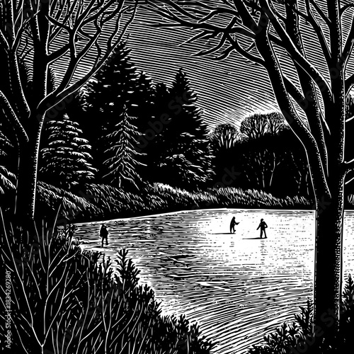Winter Scene Figures on a Frozen Lake Amidst Bare Trees.