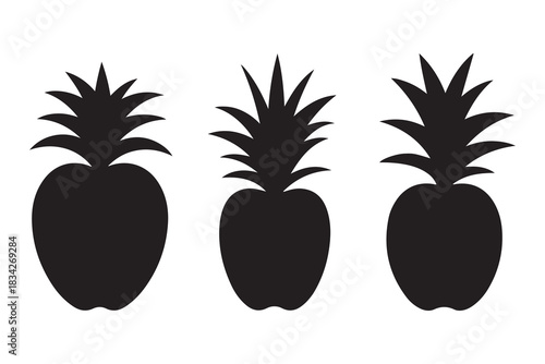  Three black silhouette pineapples with spiky green leaves on a white background