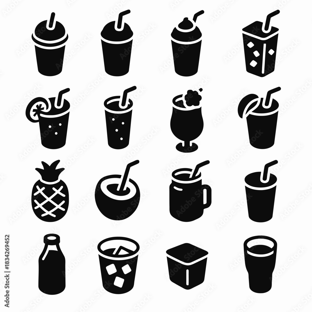 Obraz premium Variety of beverage icons: sodas, juices, smoothies