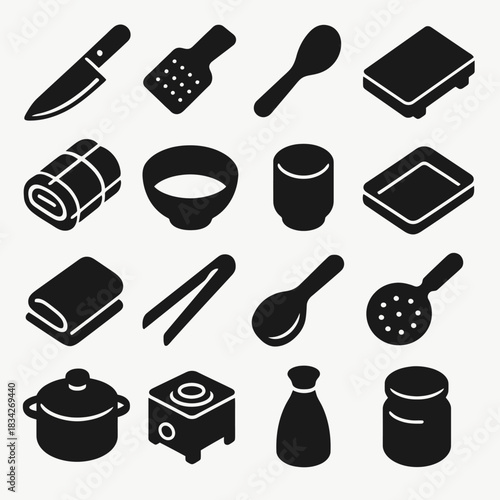 Black kitchen utensil icons: knife, grater, spoon, pot, scale, mat, plate, bowl, cup, tongs