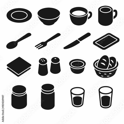 Kitchenware icon set with cups, cutlery, plates, and spices