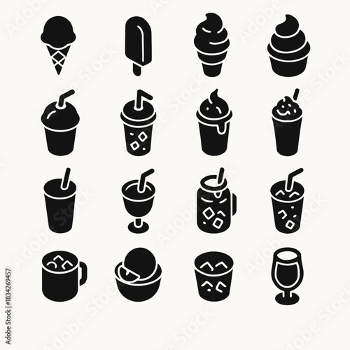 Variety of beverage and ice cream icons in black on white background