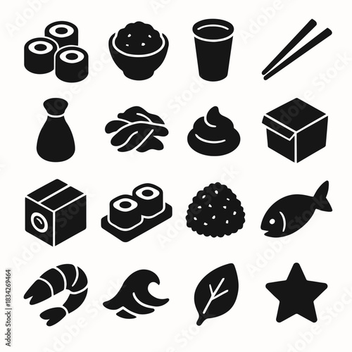 Silhouette icons of sushi and japanese cuisine elements