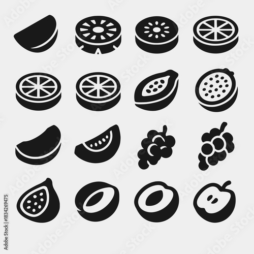 Collection of simple black fruit silhouettes on white background
