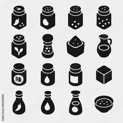 Black and white icons of spices and condiments in various containers