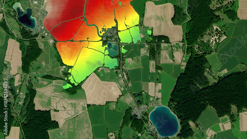 Advanced geospatial analysis displaying a flood risk simulation with a colorful heat map overlay on an aerial view of a rural landscape