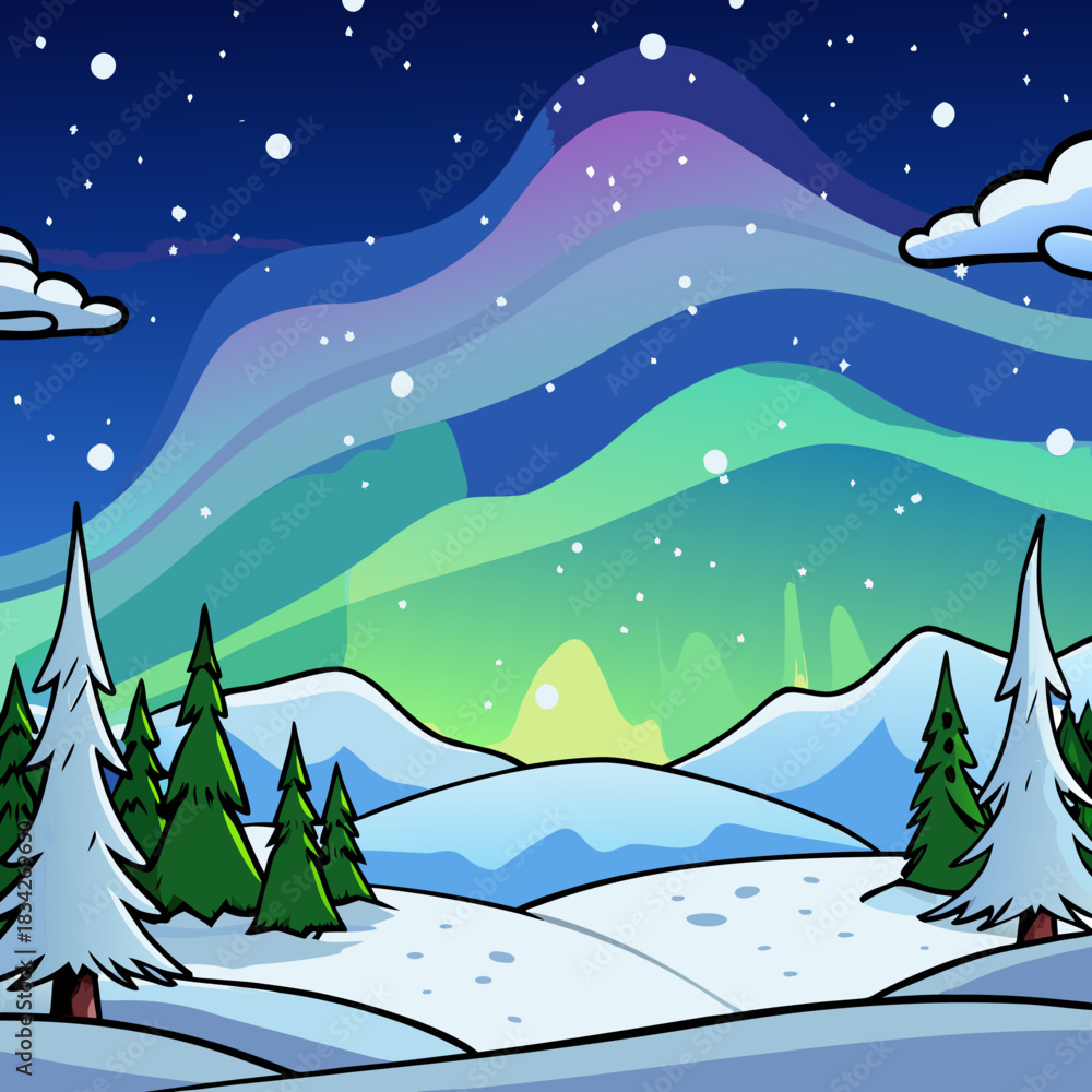 Fototapeta premium Winter Wonderland Aurora Borealis Over Snowy Landscape with Evergreen Trees.
