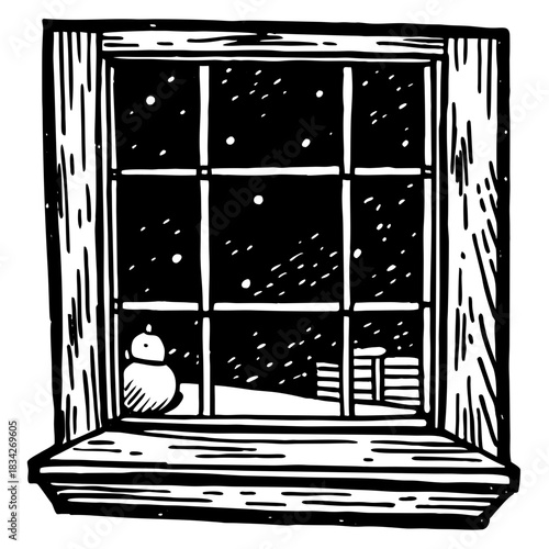 Winter Window Scene Snowman Snow and Starry Night.