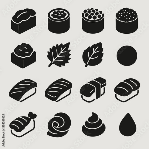 Minimalist black icon set of sushi, fish, leaves, and abstract shapes