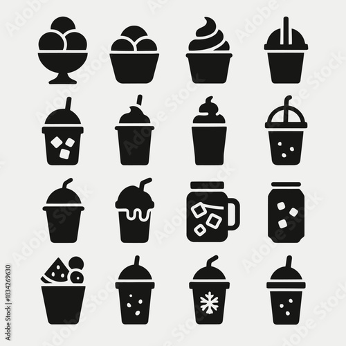Collection of various beverage icons in solid black style