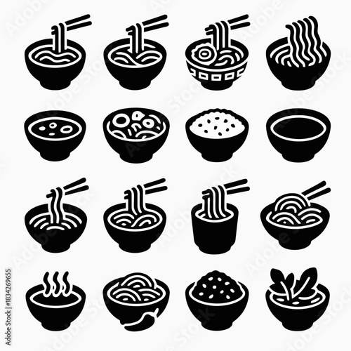 Variety of noodle and rice bowl icons in black and white silhouette design