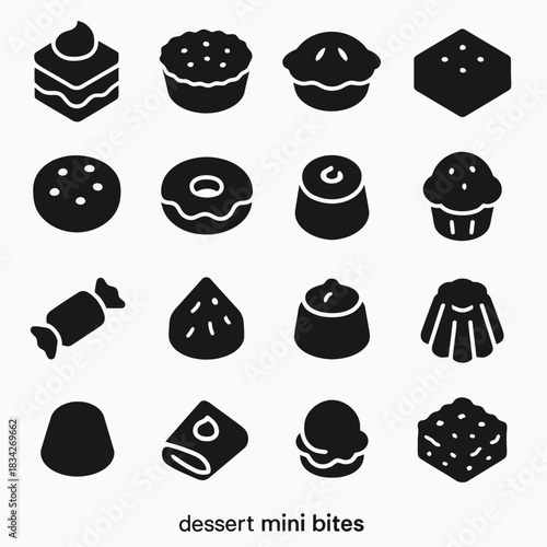 Icon set of various dessert mini bites in black silhouette style