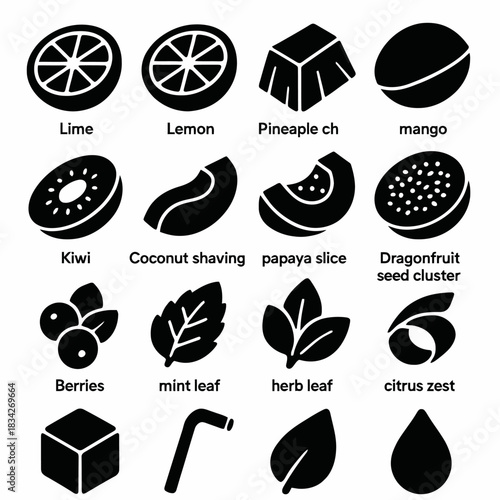 Silhouette icons of tropical fruits and ingredients including lime, mango, kiwi, and mint leaf