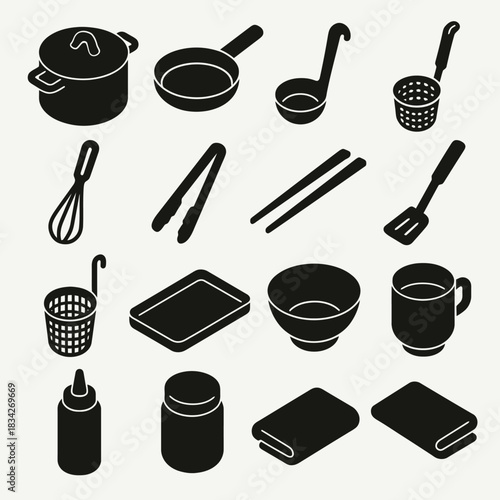 Silhouette of kitchen utensils and cookware collection in black