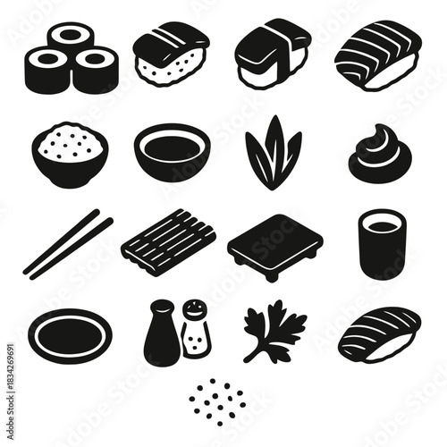 Sushi icon set featuring nigiri, roll, sauces, and chopsticks