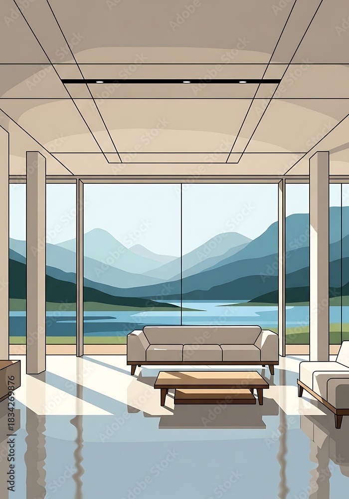 Fototapeta premium Stylized Interior with Panoramic View and Modern Furnishings, Serene Setting